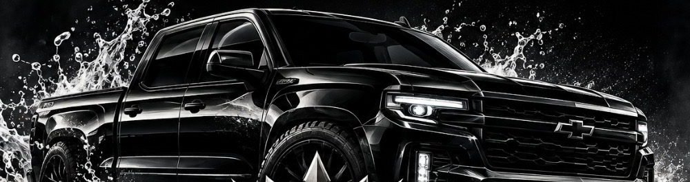 Black pickup truck from the Black Label Auto Spa logo, surrounded by a water splash